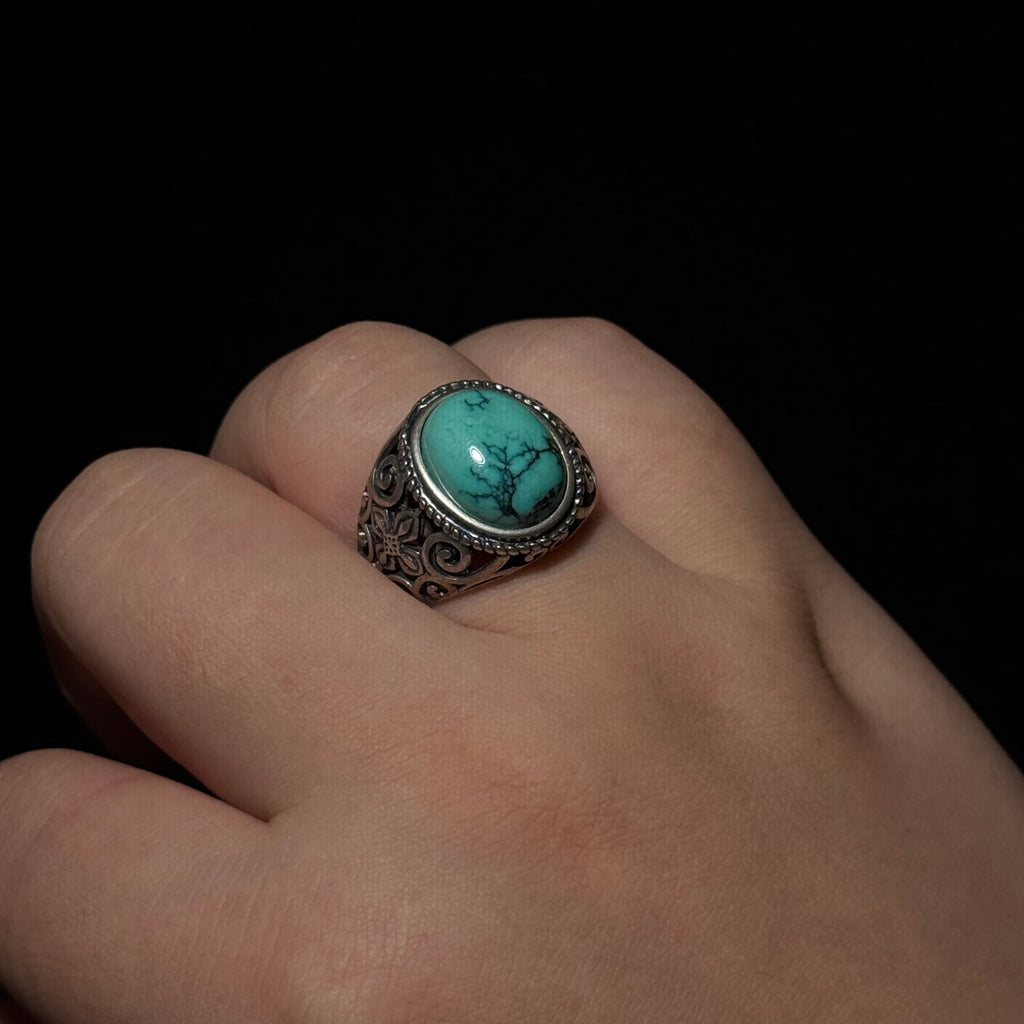 Natural Turquoise Oval Cabochon Vintage Filigree Ring