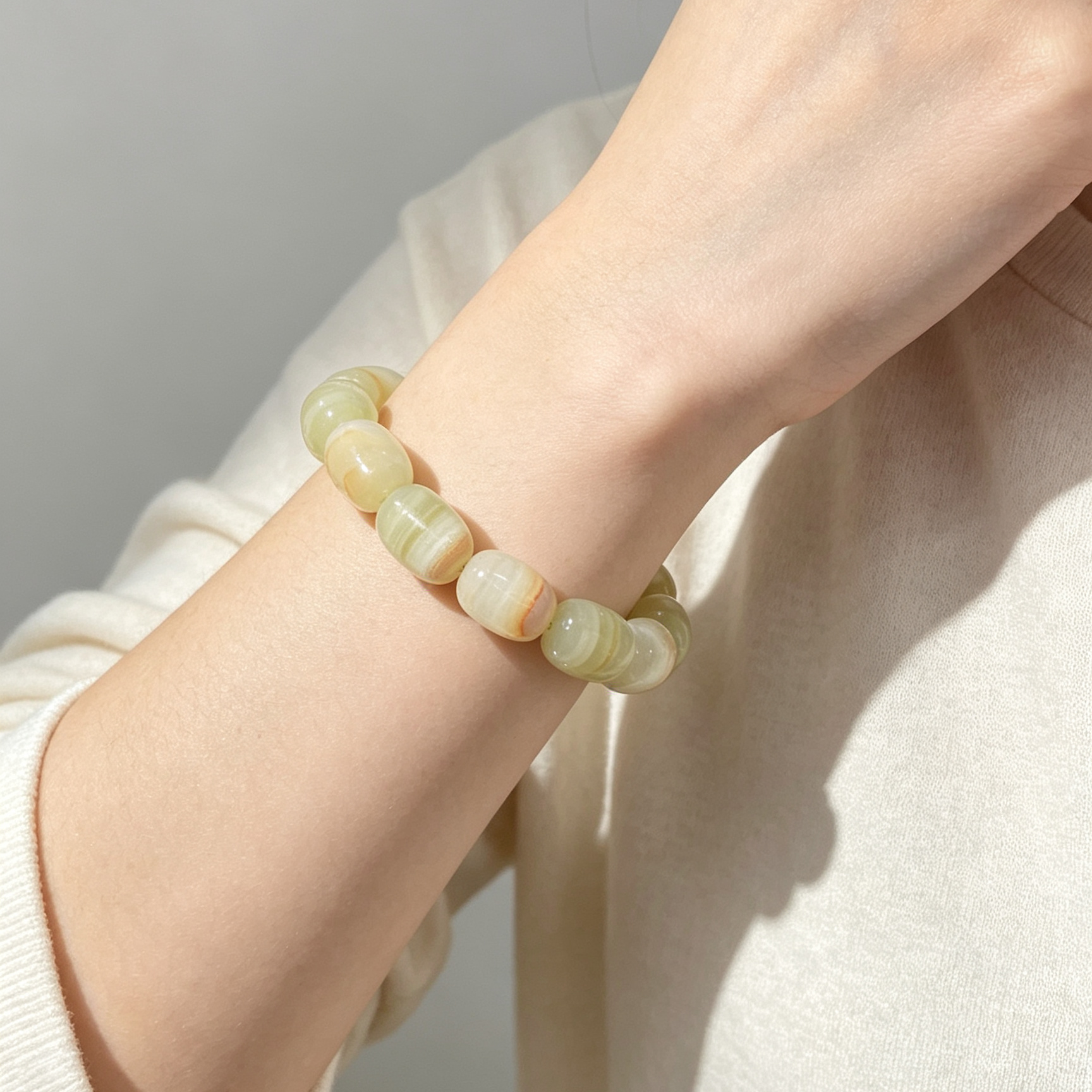 Natural Green Onyx Oval Barrel Bead Stretch Bracelet, Bead Size 9-9.5mm, Fits 15cm Wrist