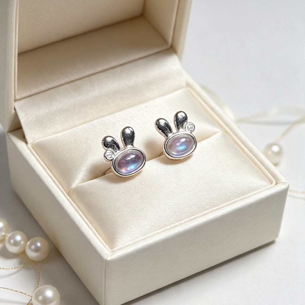 Natural Aquamarine Rabbit Stud Earrings, Cute Bunny Silver Crystal Ear Jewelry
