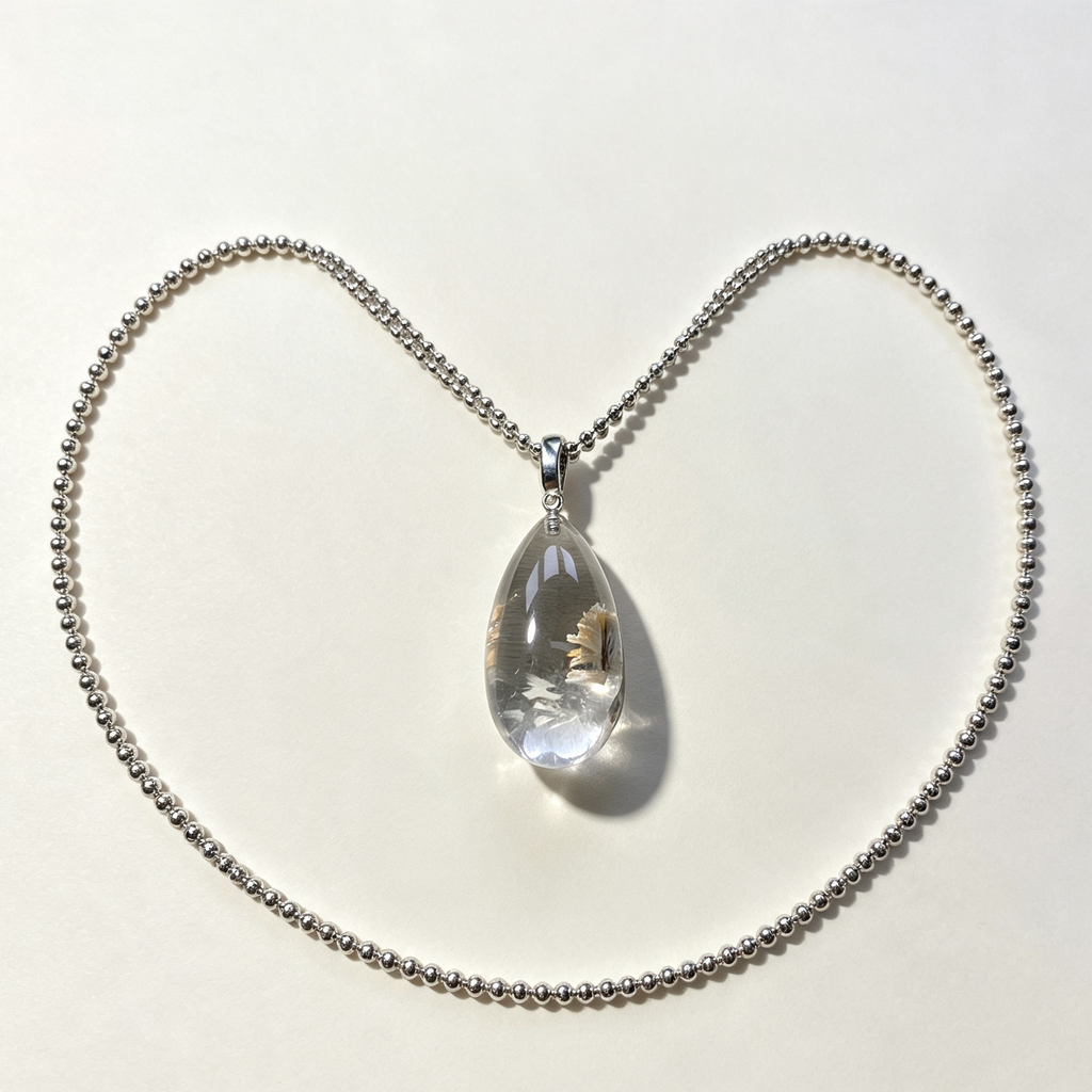 Natural White Phantom Quartz Teardrop Pendant Necklace