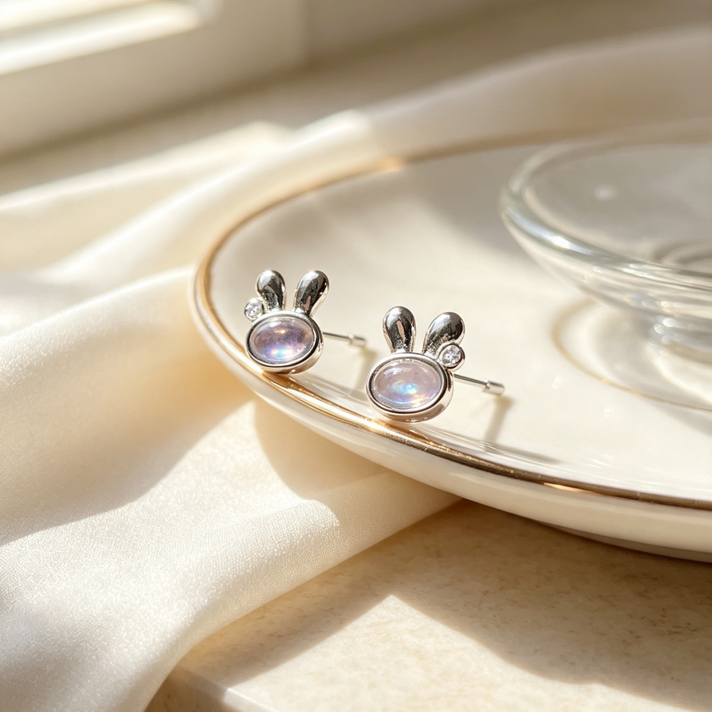 Natural Aquamarine Rabbit Stud Earrings, Cute Bunny Silver Crystal Ear Jewelry