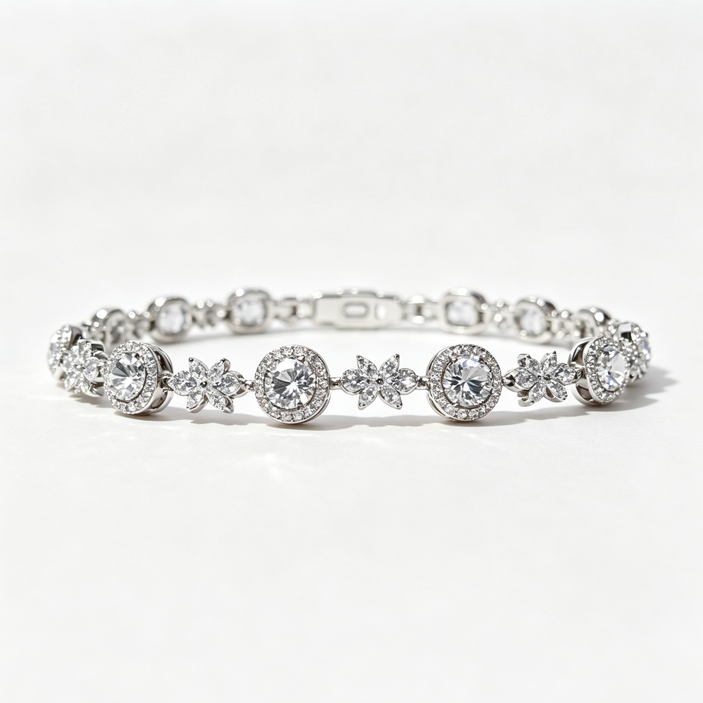 Halo Round Crystal & Four-Leaf Floral Silver Tennis Bracelet