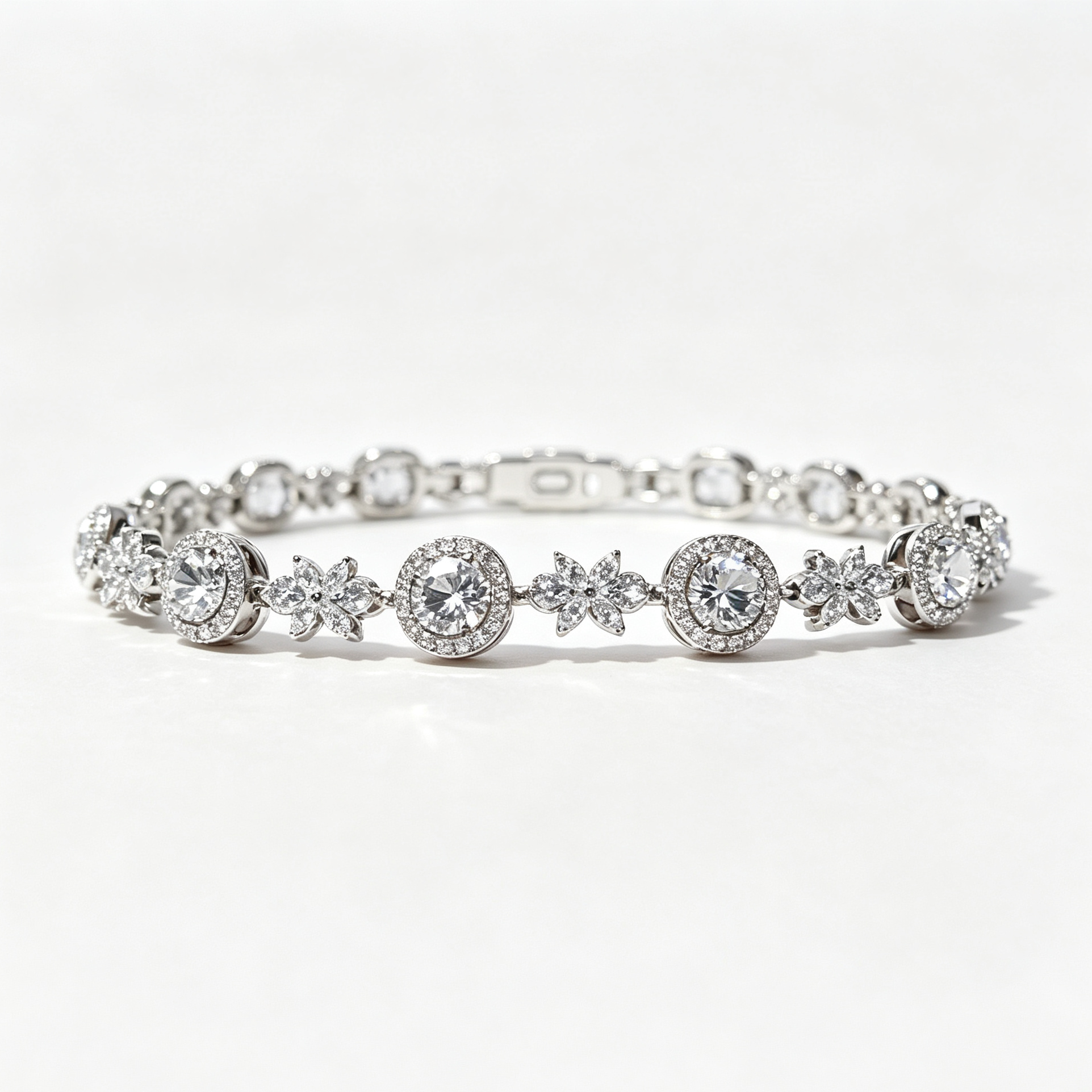 Halo Round Crystal & Four-Leaf Floral Silver Tennis Bracelet