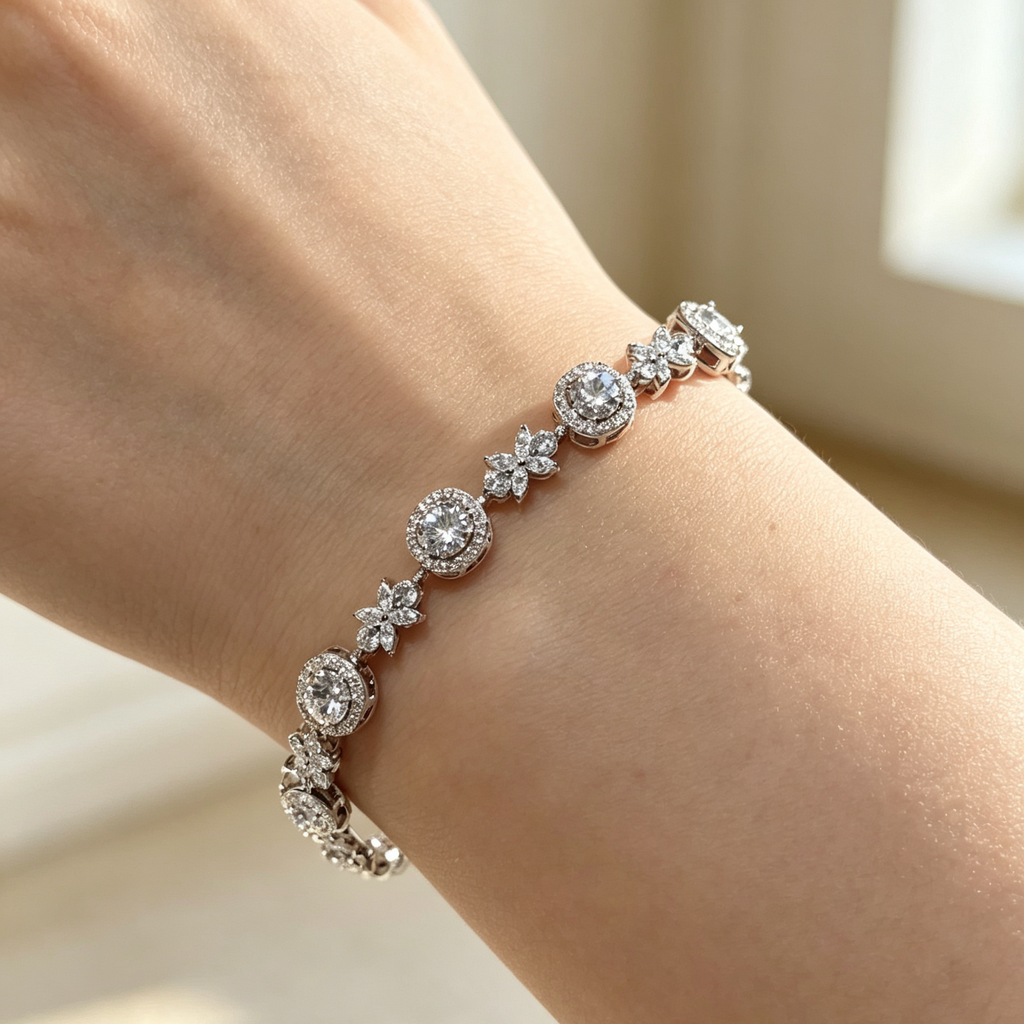 Halo Round Crystal & Four-Leaf Floral Silver Tennis Bracelet