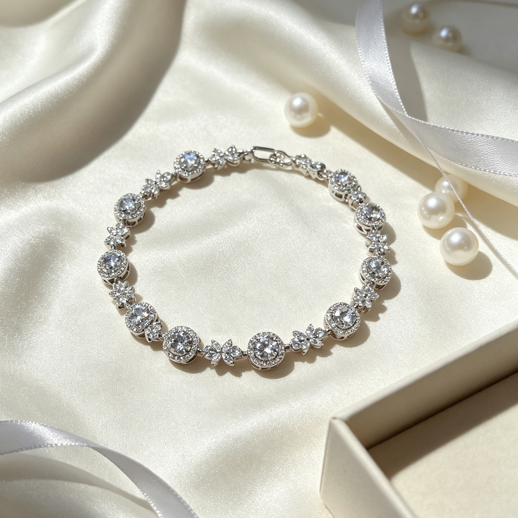 Halo Round Crystal & Four-Leaf Floral Silver Tennis Bracelet
