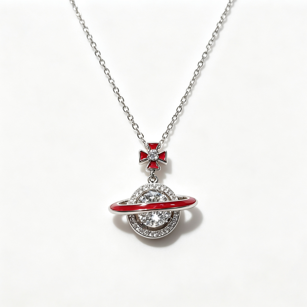 Red Enamel Saturn Orb Pendant Necklace, Classic Vivienne Inspired Planet Jewelry