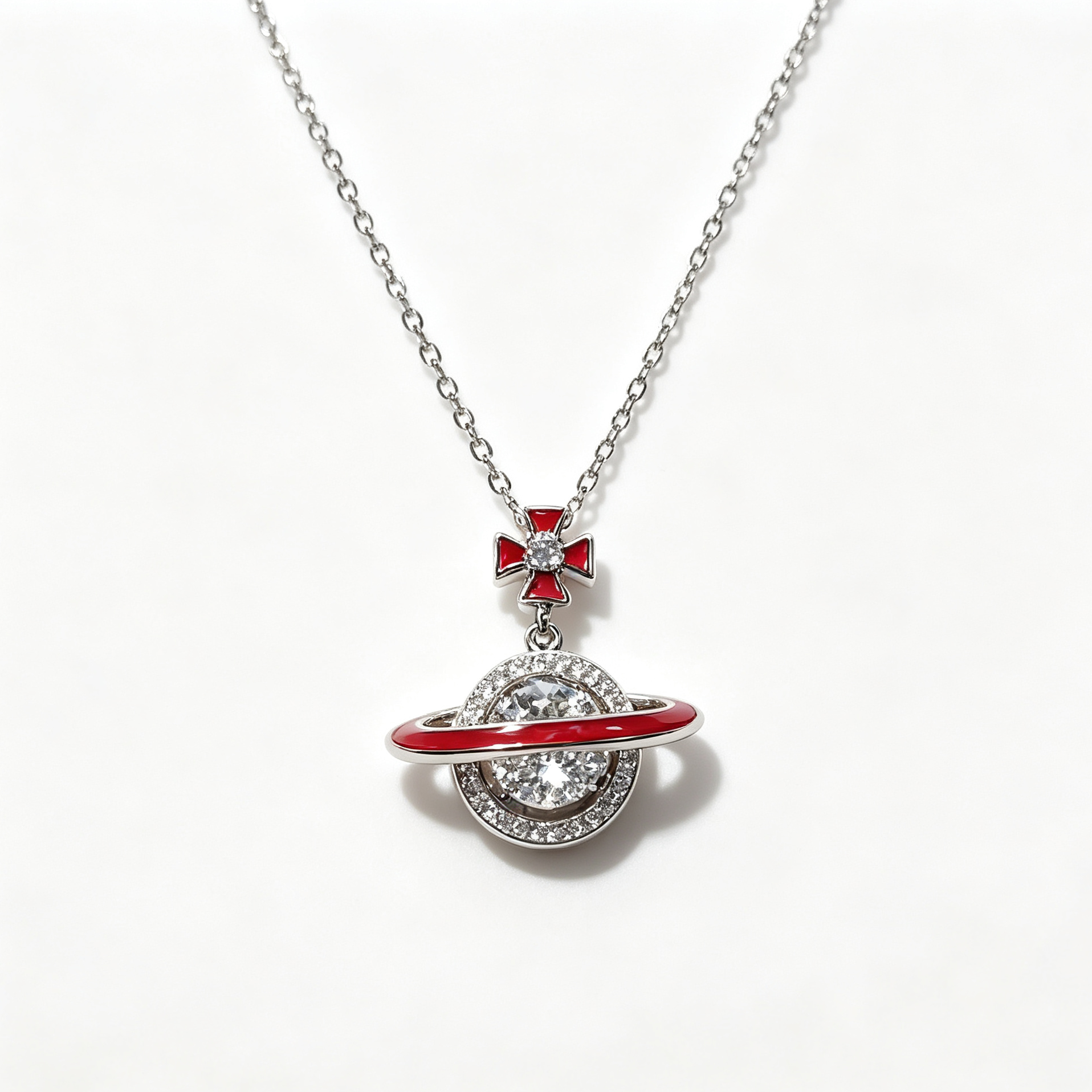 Red Enamel Saturn Orb Pendant Necklace, Classic Vivienne Inspired Planet Jewelry