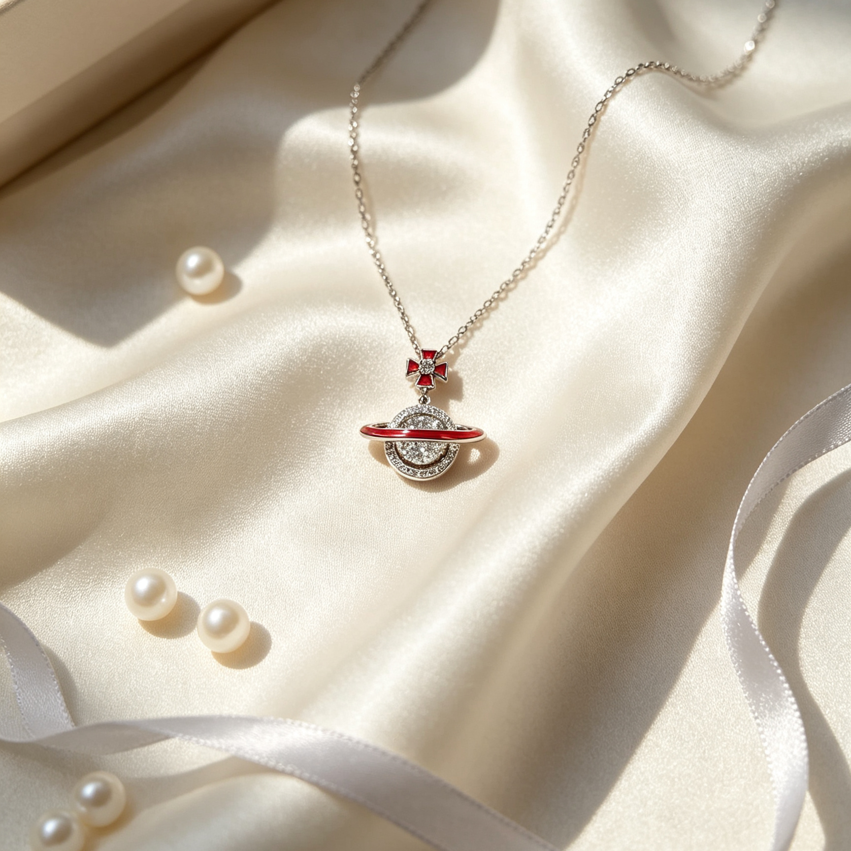 Red Enamel Saturn Orb Pendant Necklace, Classic Vivienne Inspired Planet Jewelry