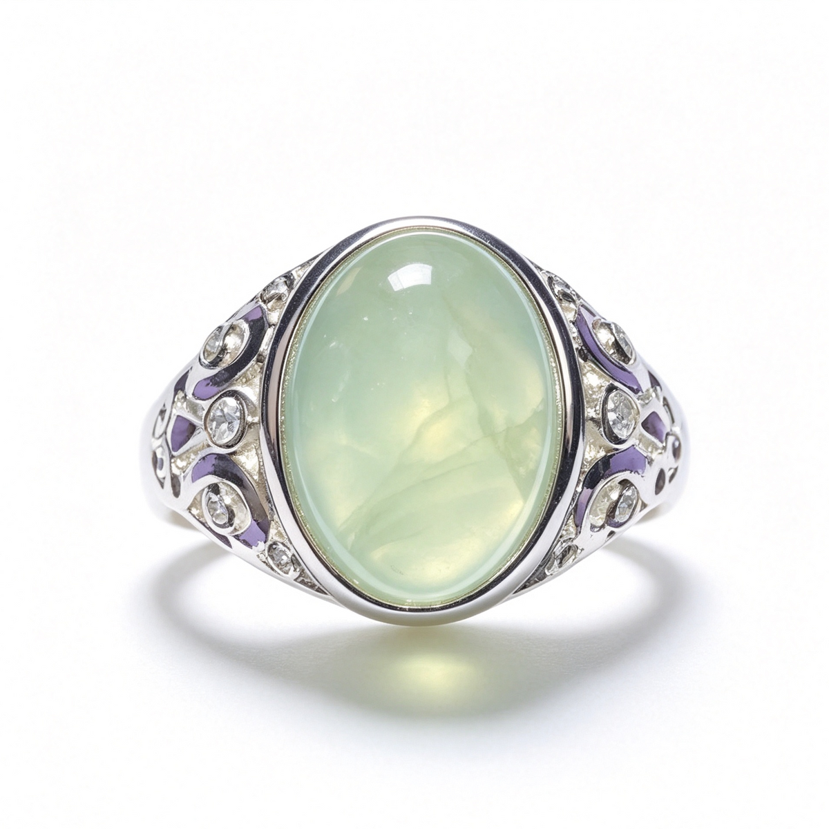 Natural Prehnite Oval Cabochon Vintage Filigree Silver Statement Ring