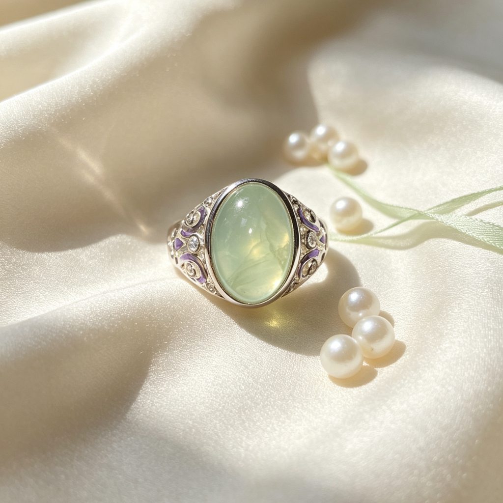 Natural Prehnite Oval Cabochon Vintage Filigree Silver Statement Ring