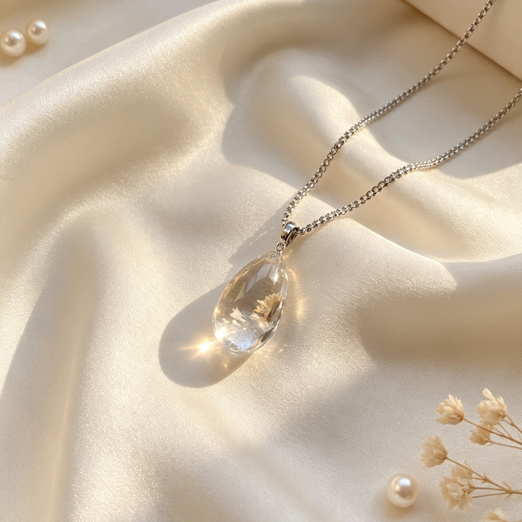 Natural White Phantom Quartz Teardrop Pendant Necklace