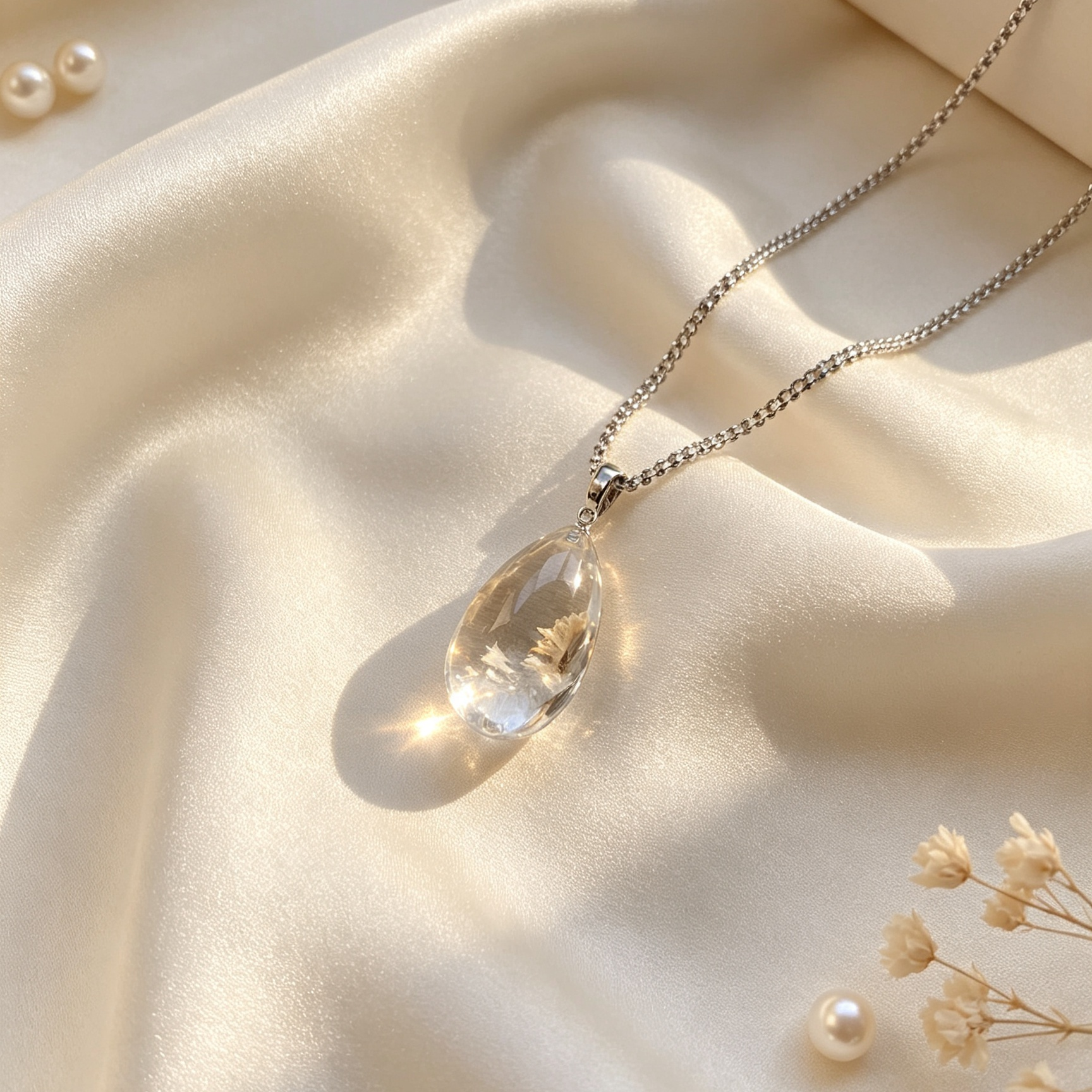 Natural White Phantom Quartz Teardrop Pendant Necklace