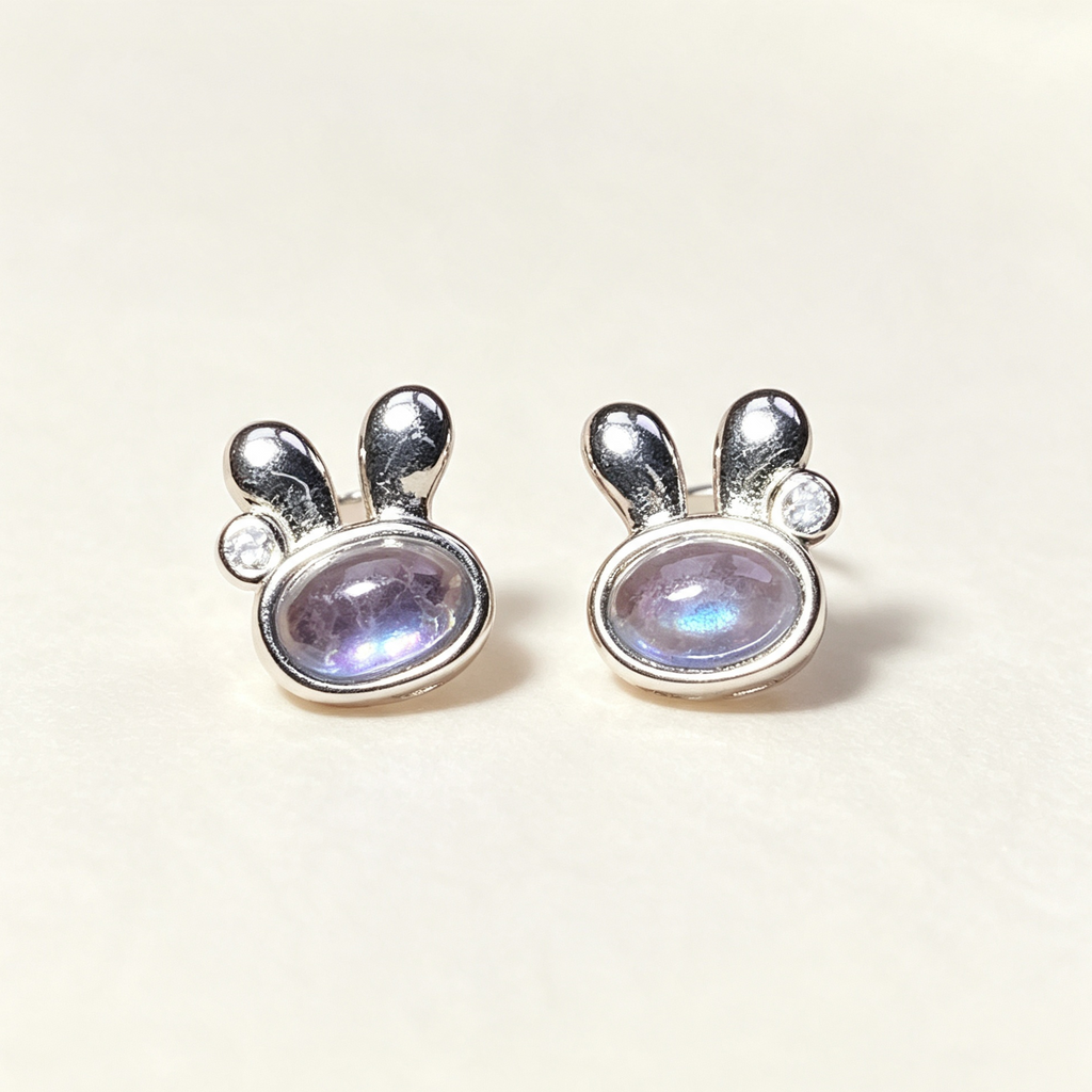 Natural Aquamarine Rabbit Stud Earrings, Cute Bunny Silver Crystal Ear Jewelry