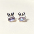 Natural Aquamarine Rabbit Stud Earrings, Cute Bunny Silver Crystal Ear Jewelry