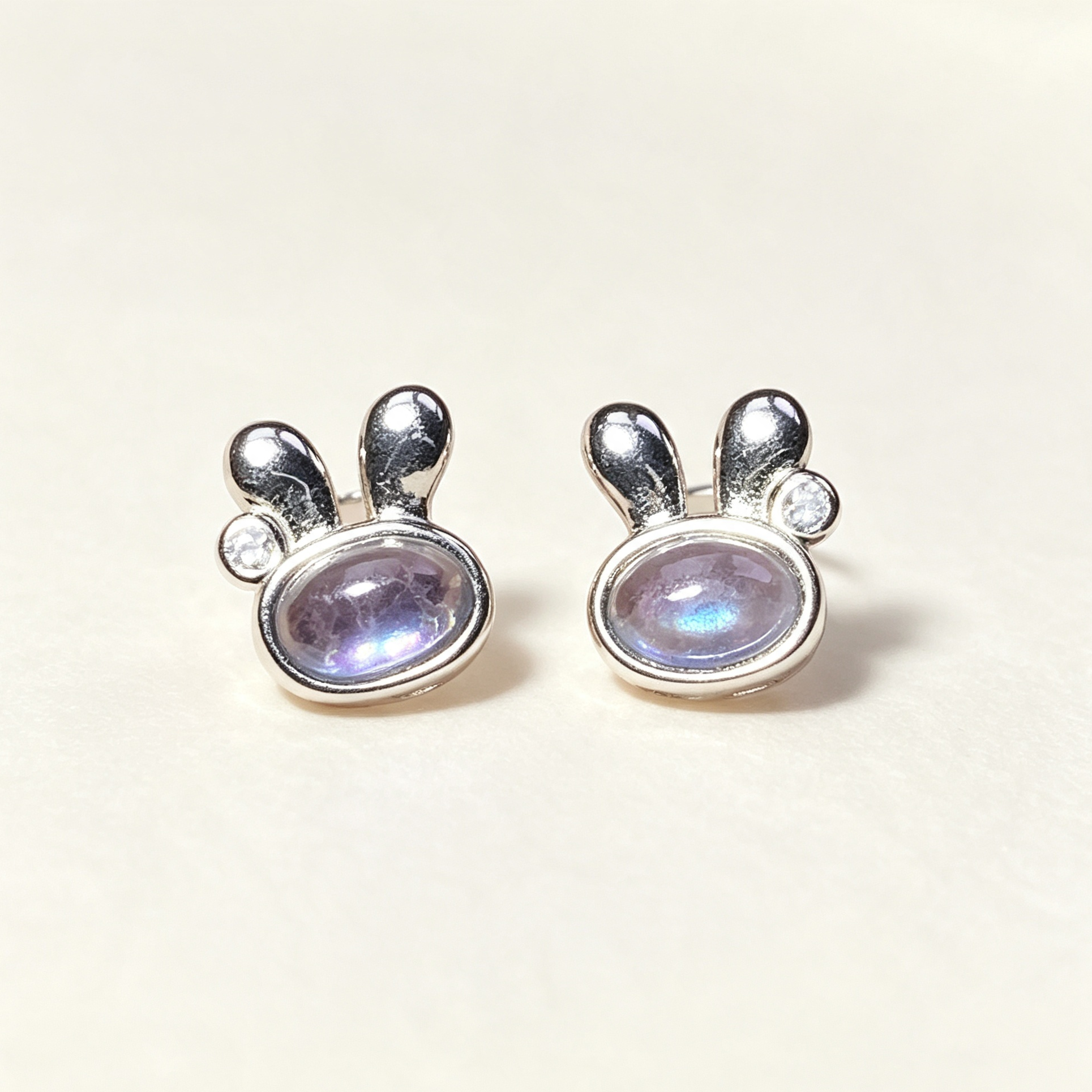 Natural Aquamarine Rabbit Stud Earrings, Cute Bunny Silver Crystal Ear Jewelry