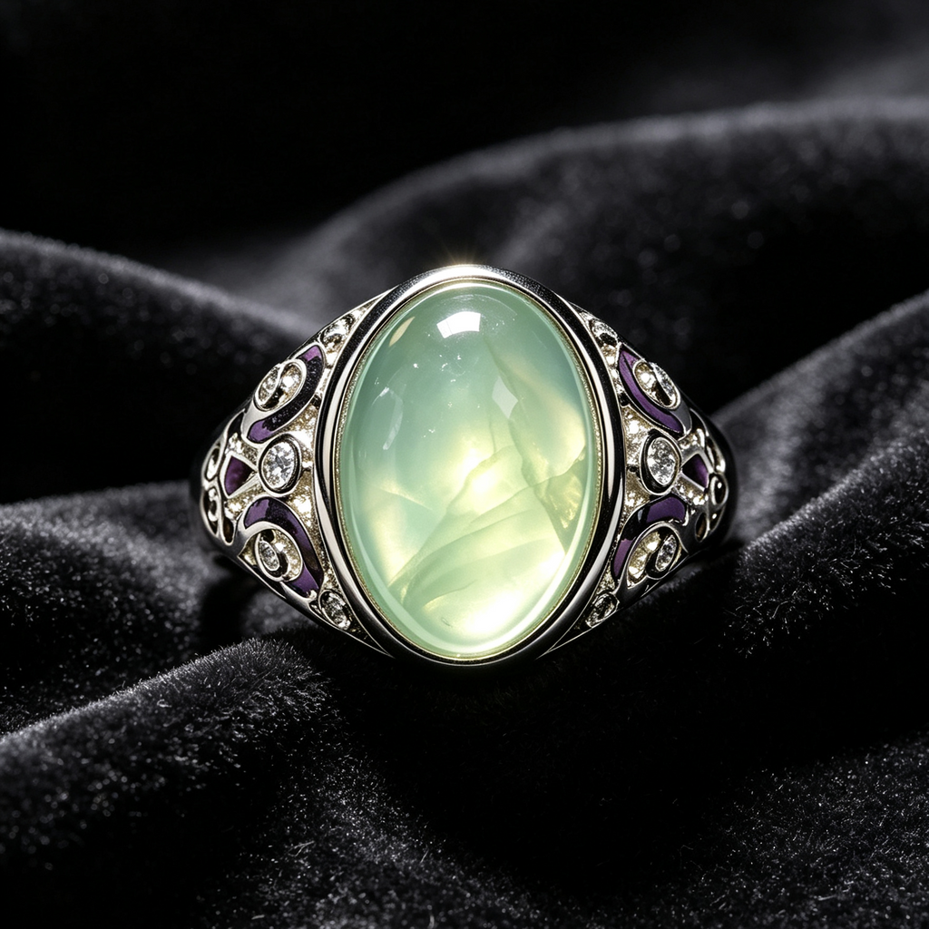 Natural Prehnite Oval Cabochon Vintage Filigree Silver Statement Ring