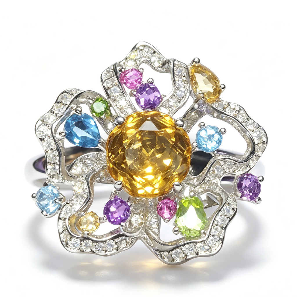 Citrine with Multi-Gemstone Flower Sterling Silver Ring