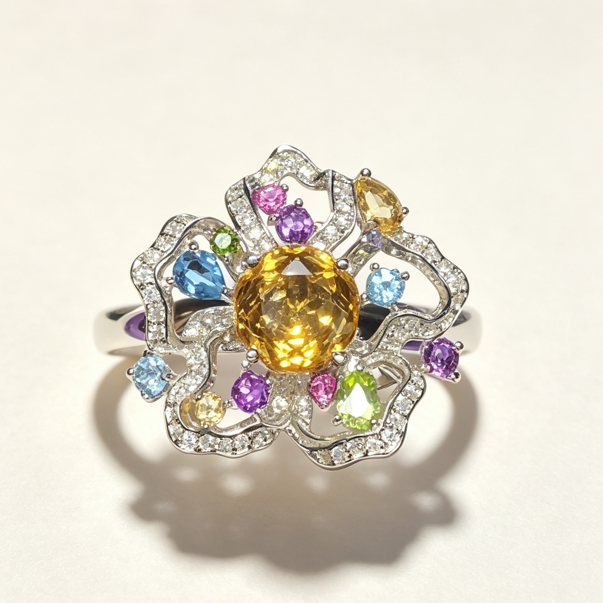 Citrine with Multi-Gemstone Flower Sterling Silver Ring