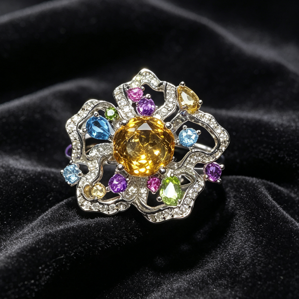 Citrine with Multi-Gemstone Flower Sterling Silver Ring
