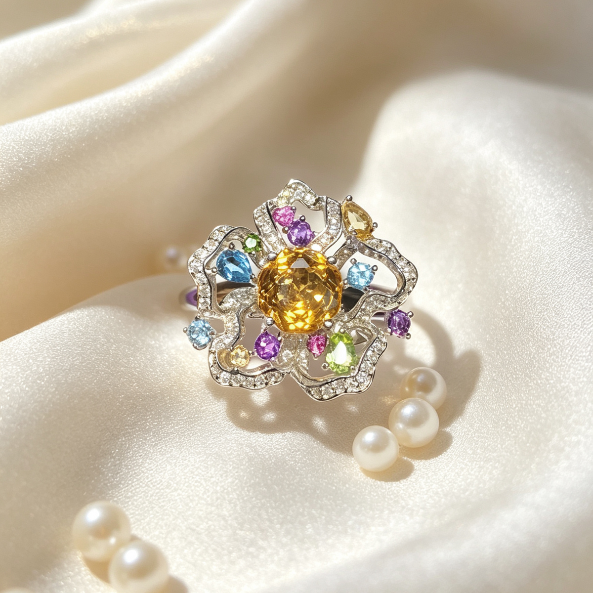 Citrine with Multi-Gemstone Flower Sterling Silver Ring
