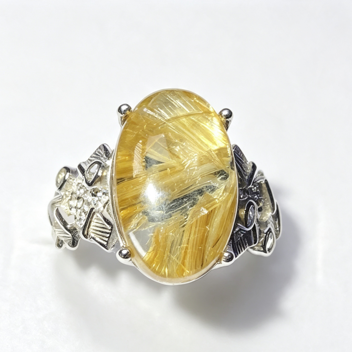 Natural Golden Rutilated Quartz Oval Cabochon Vintage Carved Silver Statement Ring