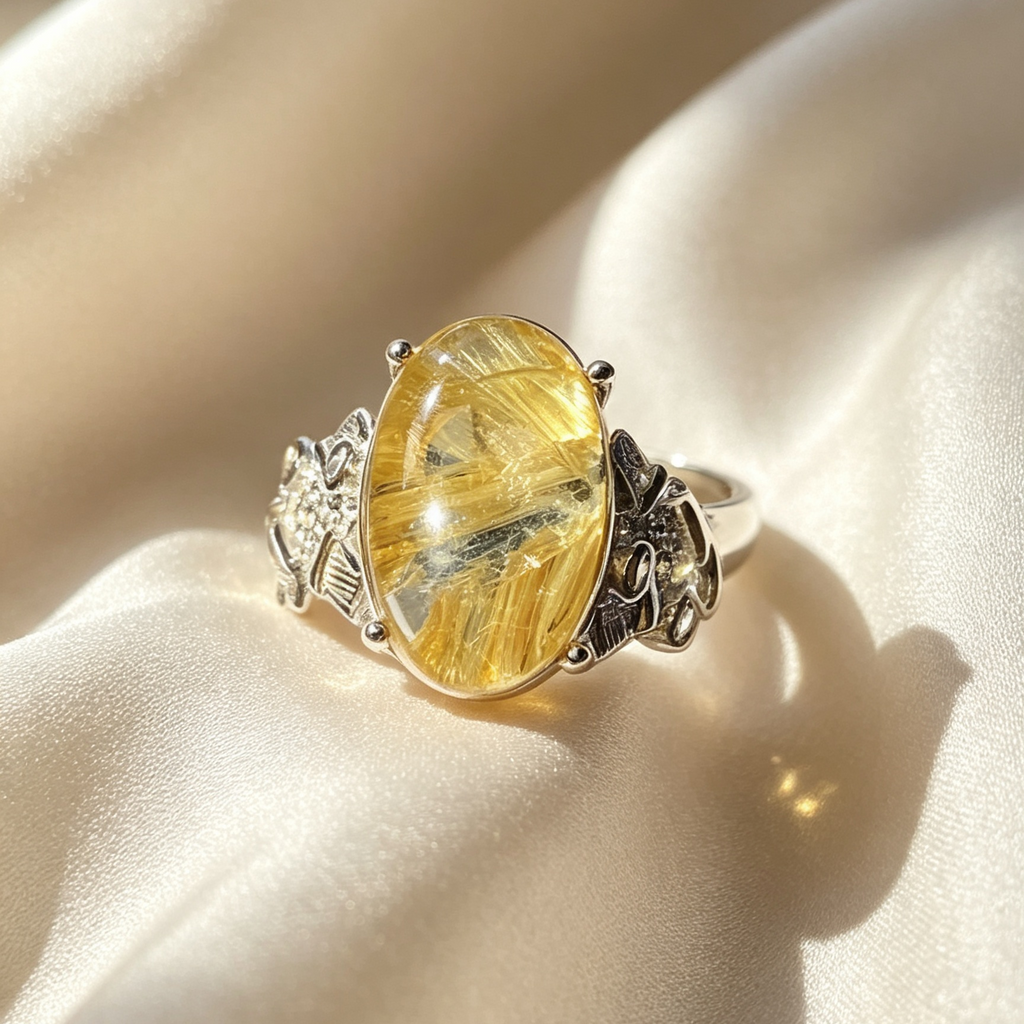 Natural Golden Rutilated Quartz Oval Cabochon Vintage Carved Silver Statement Ring