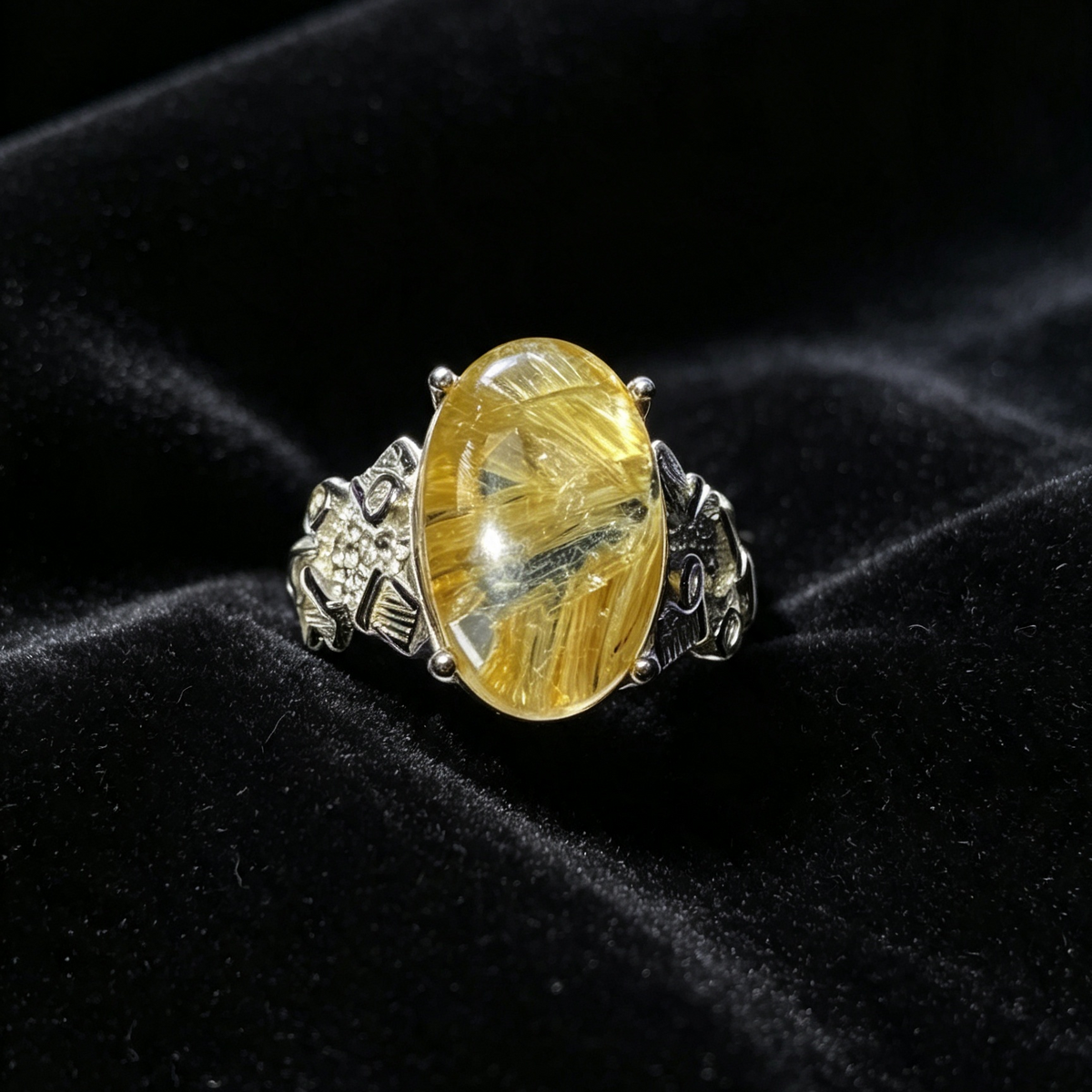 Natural Golden Rutilated Quartz Oval Cabochon Vintage Carved Silver Statement Ring