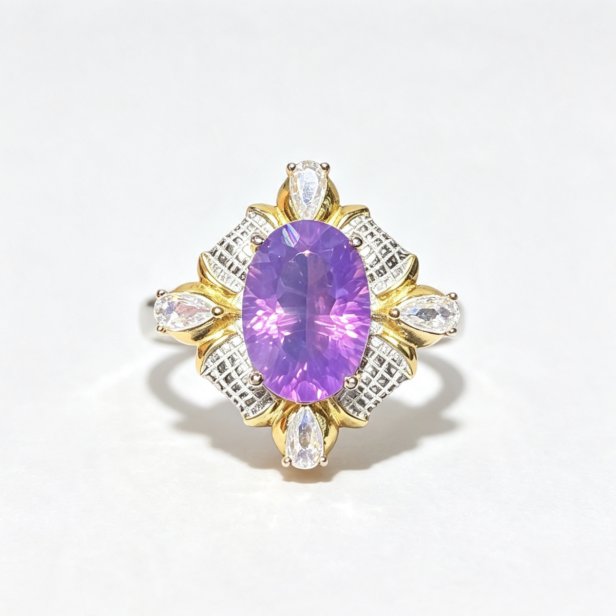Oval Amethyst Two-Tone Gold Silver Halo Cocktail Statement Ring