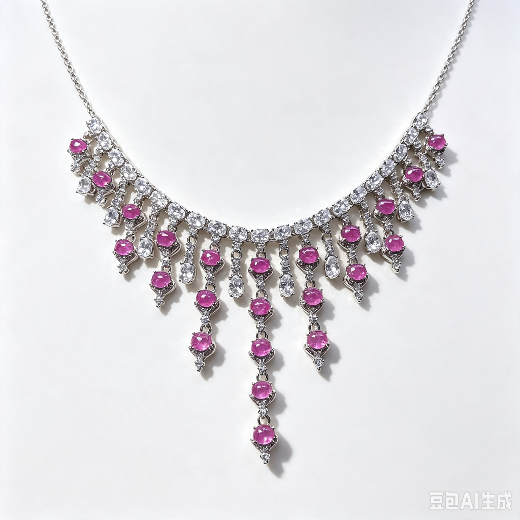 Vintage Pink Ruby Fringe Statement Necklace, Evening Party Jewelry