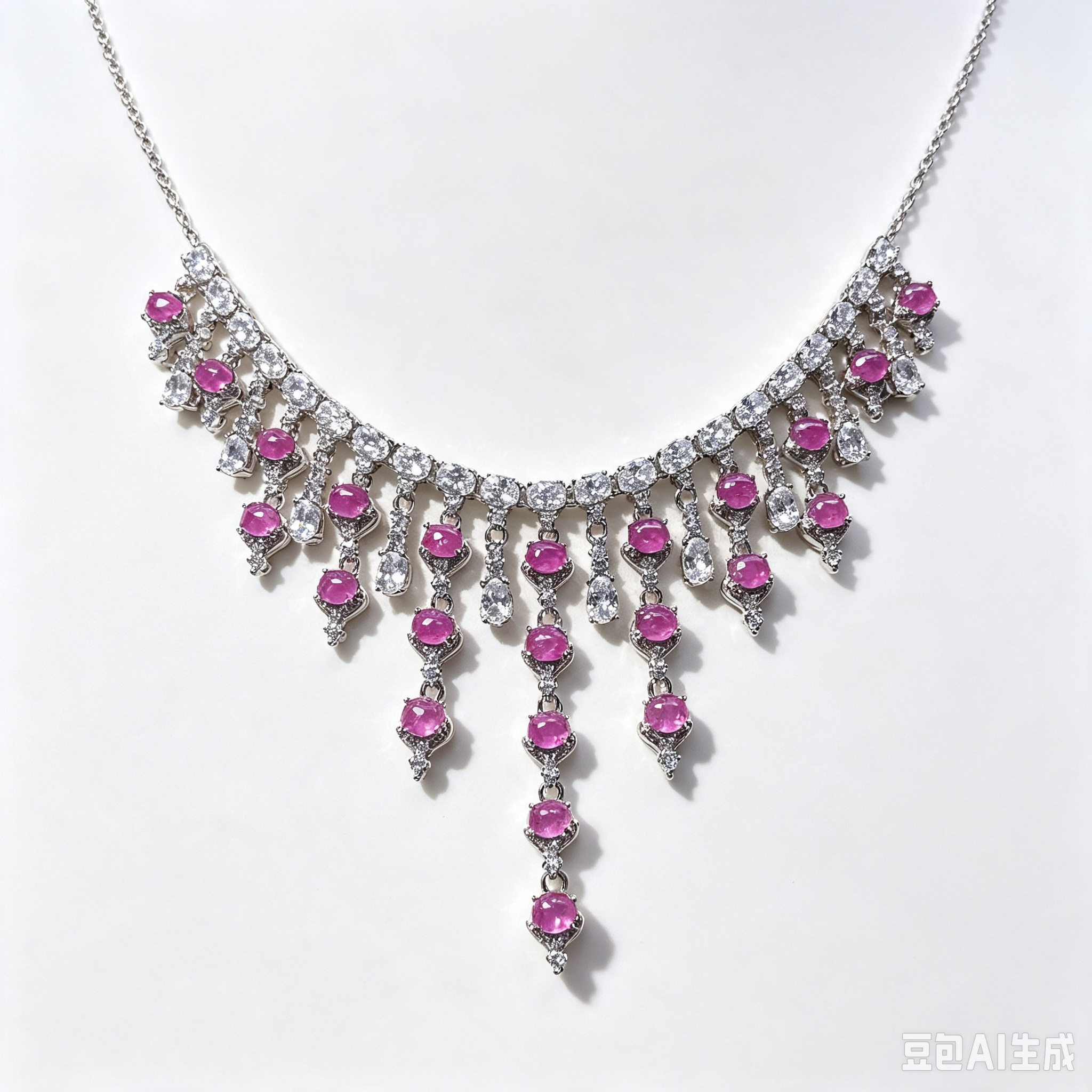 Vintage Pink Ruby Fringe Statement Necklace, Evening Party Jewelry