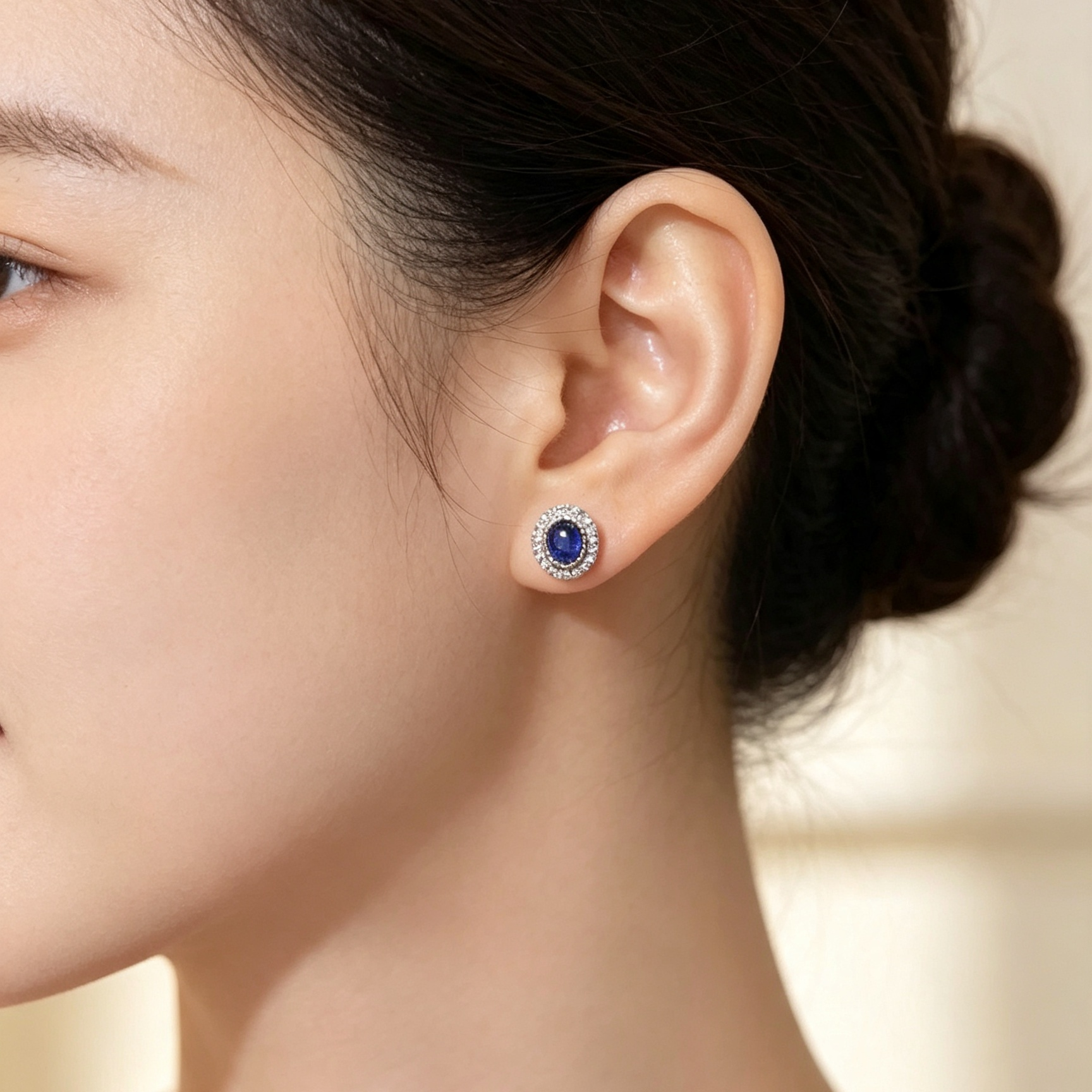 Natural Sapphire Halo Stud Earrings, Oval Gemstone Silver Ear Jewelry