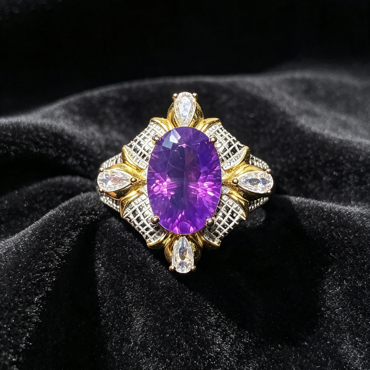 Oval Amethyst Two-Tone Gold Silver Halo Cocktail Statement Ring