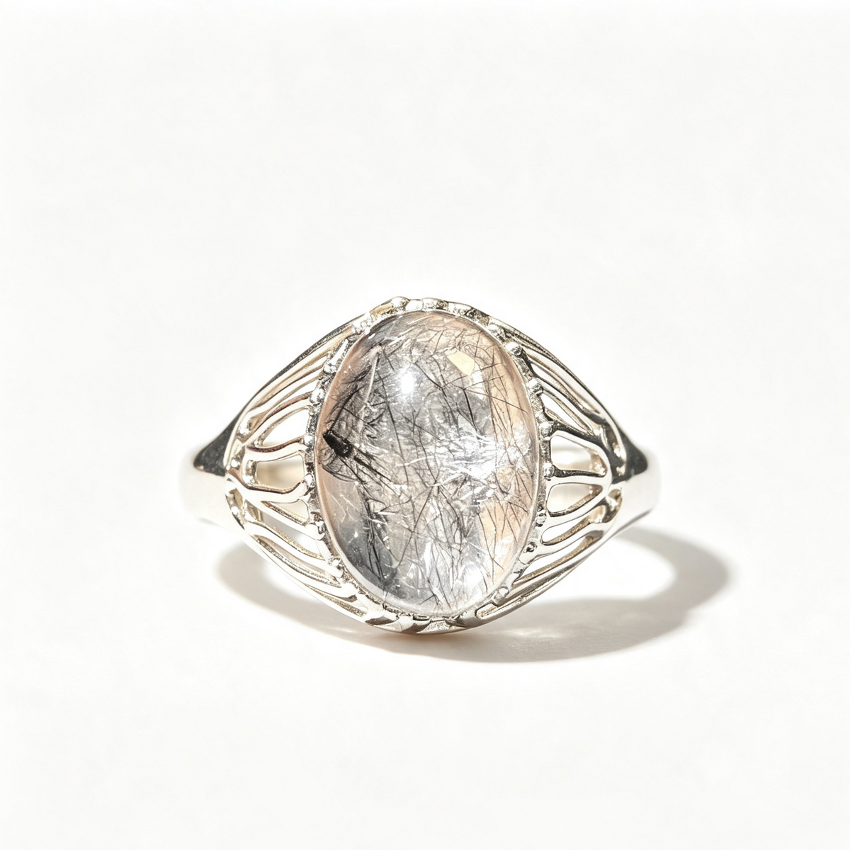 Natural Black Rutilated Quartz Oval Filigree Vintage Silver Statement Ring