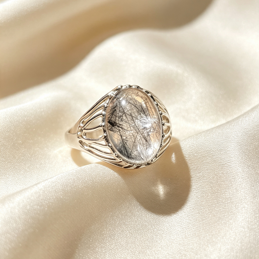 Natural Black Rutilated Quartz Oval Filigree Vintage Silver Statement Ring