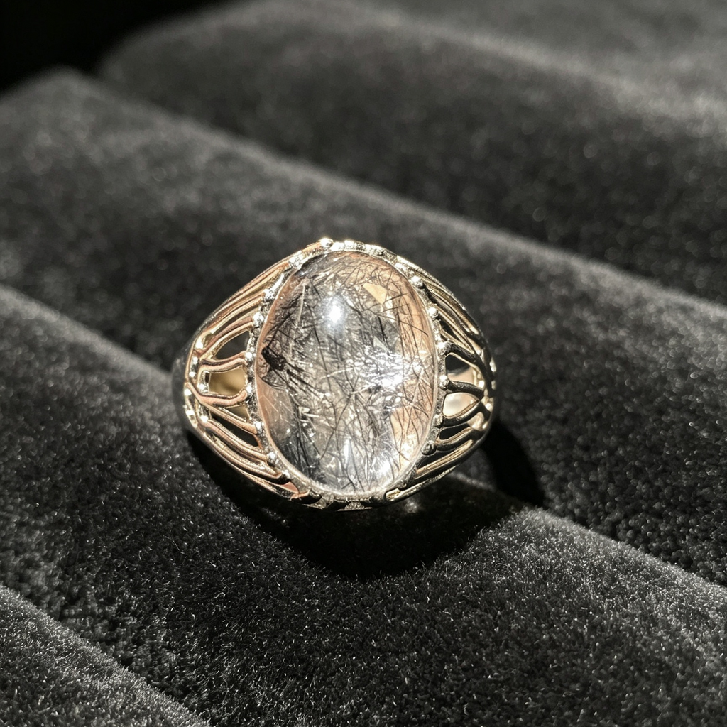 Natural Black Rutilated Quartz Oval Filigree Vintage Silver Statement Ring