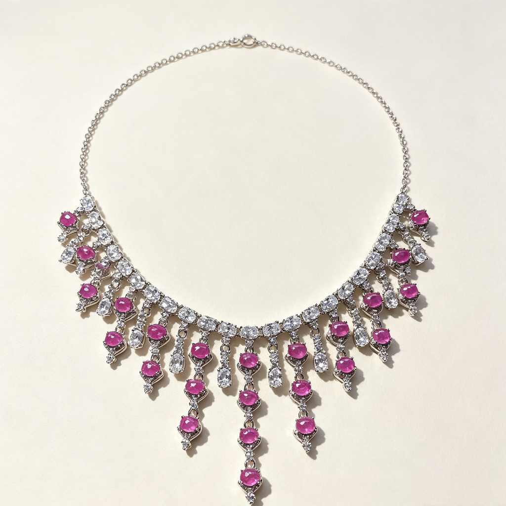 Vintage Pink Ruby Fringe Statement Necklace, Evening Party Jewelry
