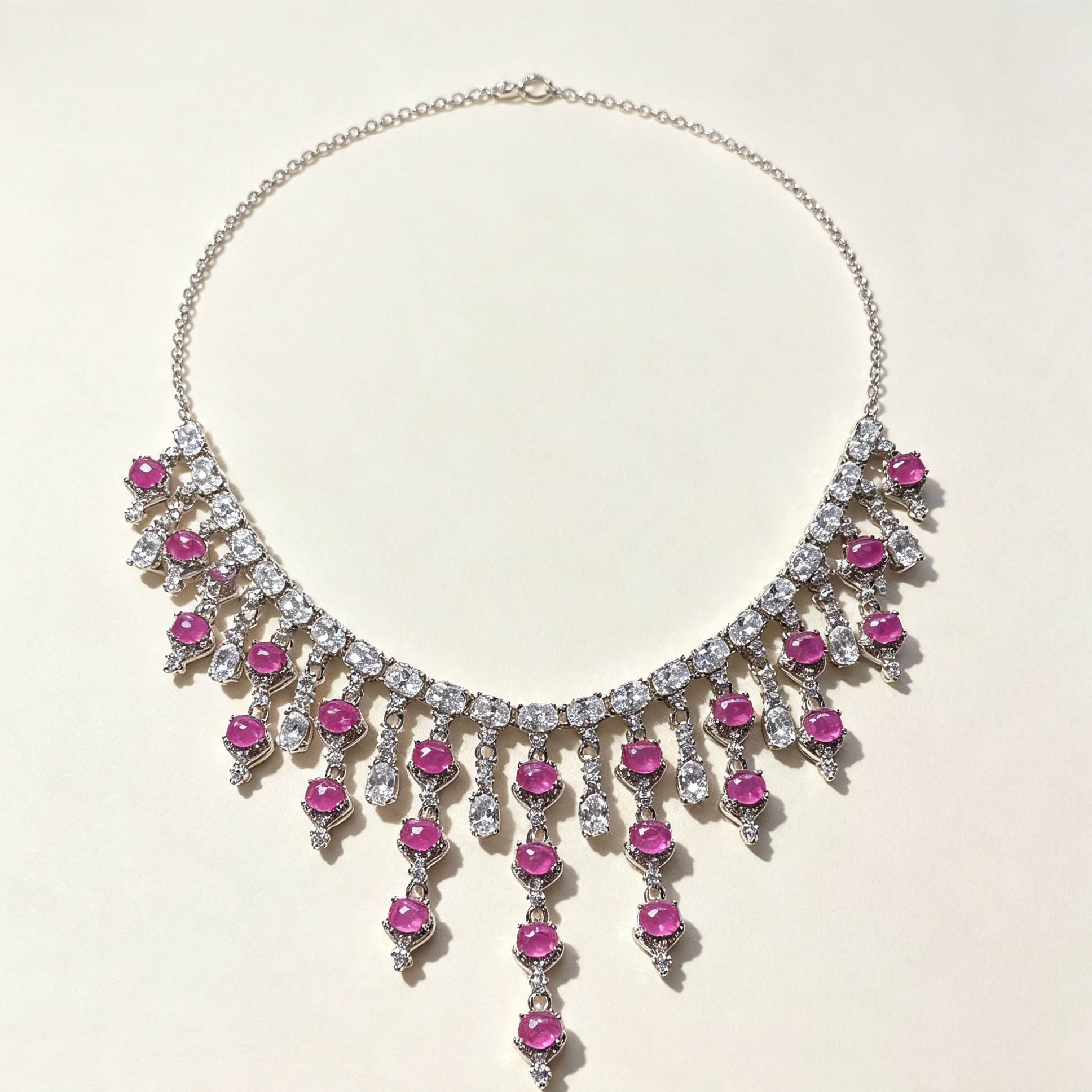 Vintage Pink Ruby Fringe Statement Necklace, Evening Party Jewelry