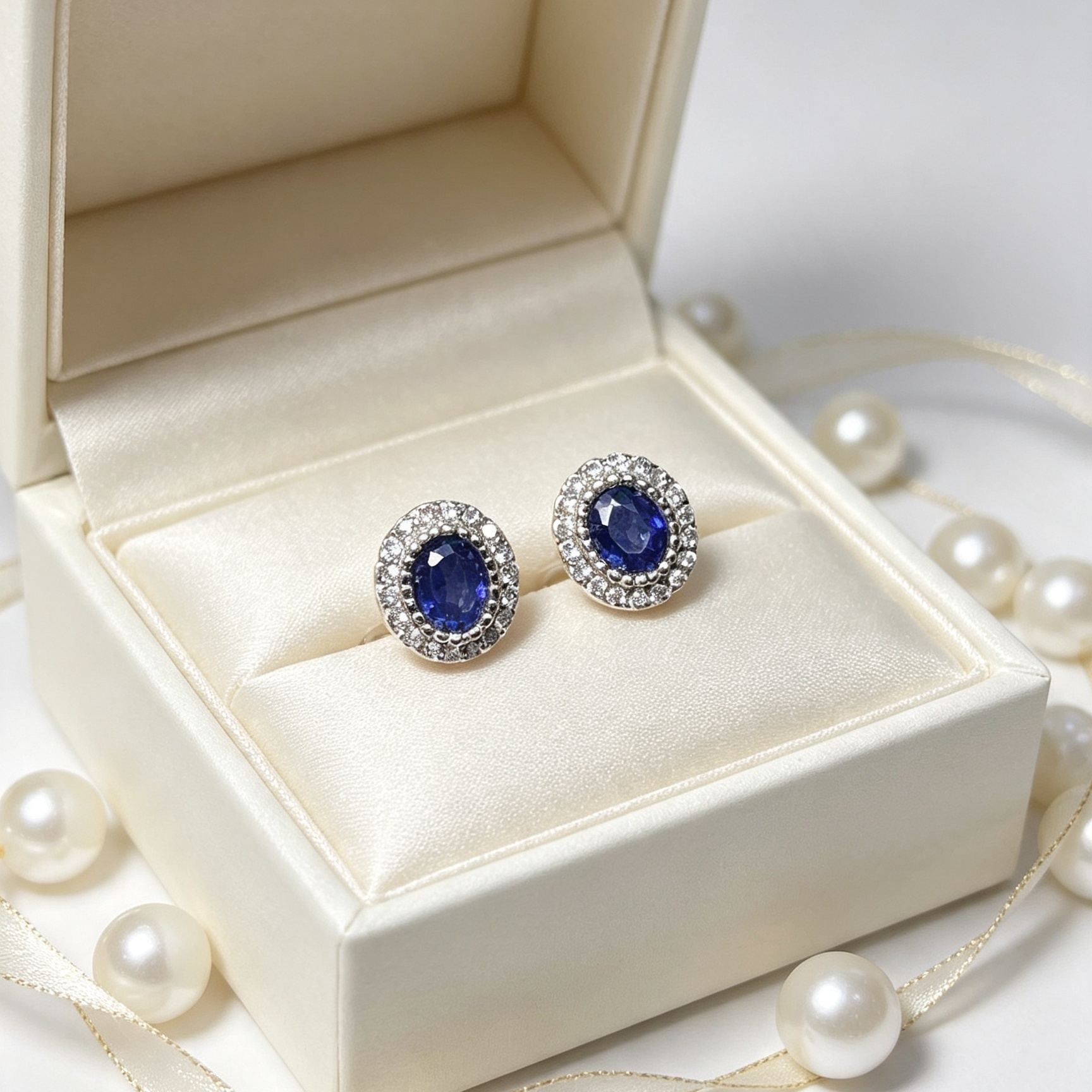 Natural Sapphire Halo Stud Earrings, Oval Gemstone Silver Ear Jewelry
