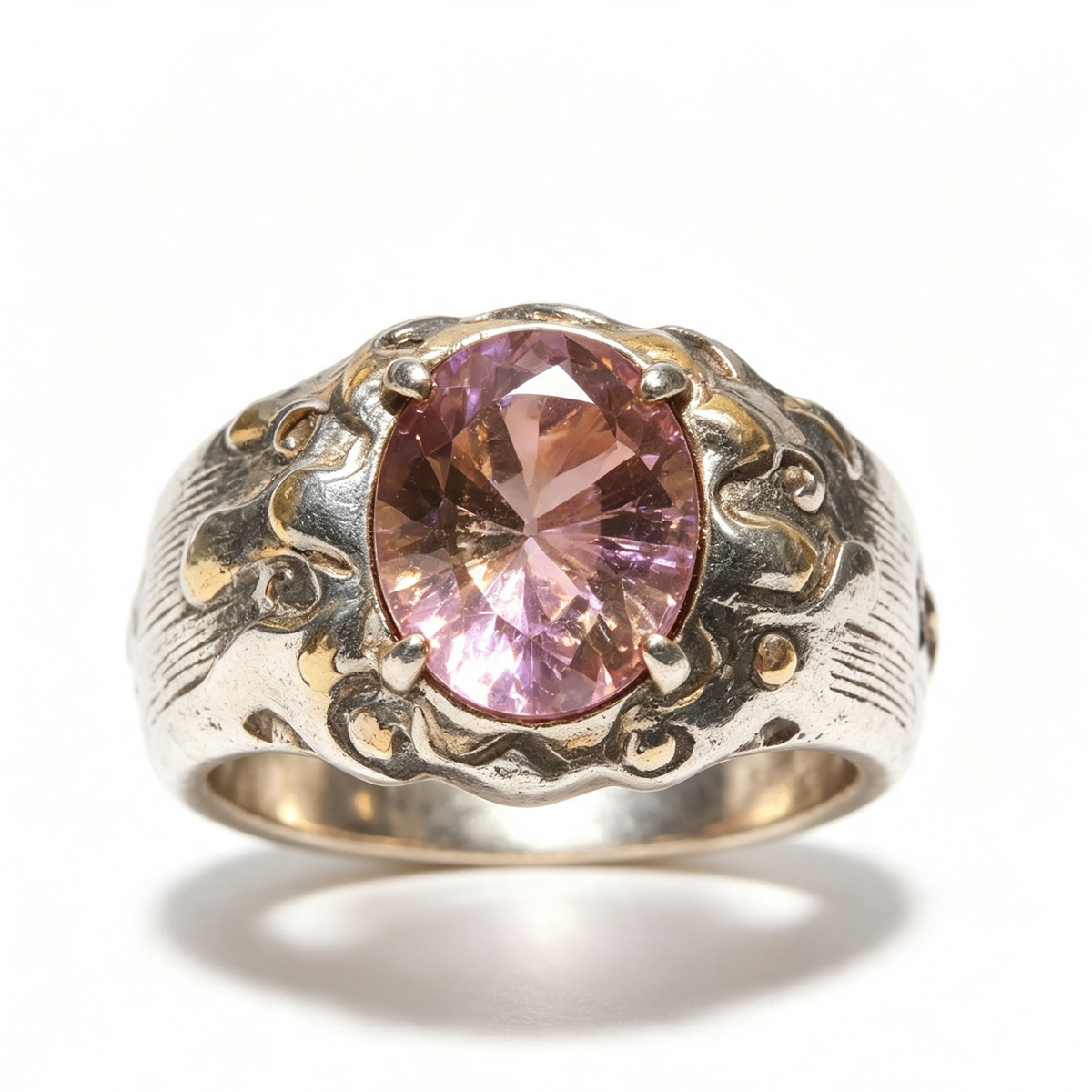 Vintage Two-Tone Carved Sterling Silver Natural Ametrine Statement Ring