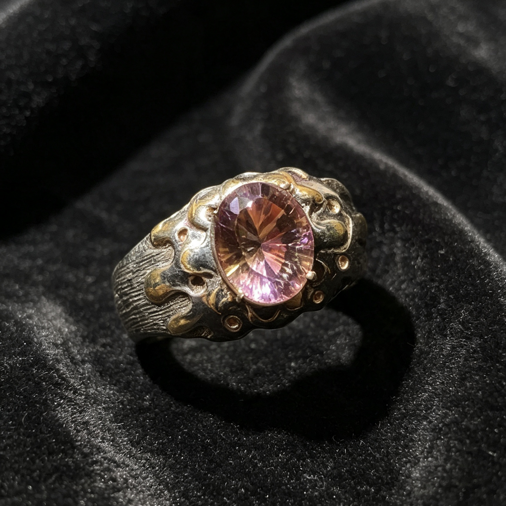 Vintage Two-Tone Carved Sterling Silver Natural Ametrine Statement Ring
