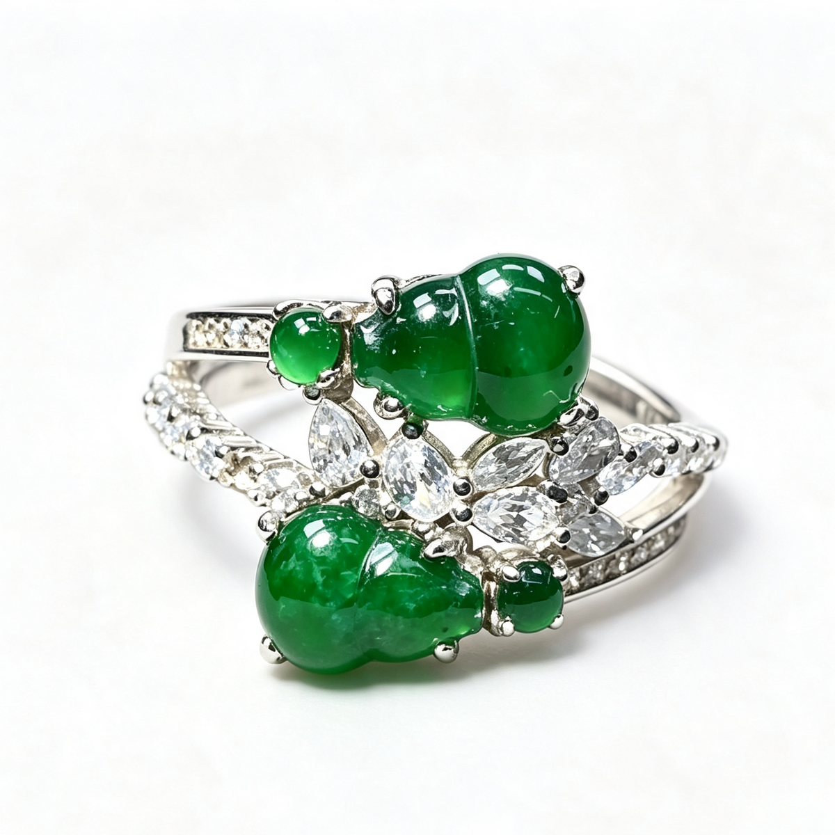 Natural Green Jade Gourd Diamond Inlaid Adjustable S925 Ring