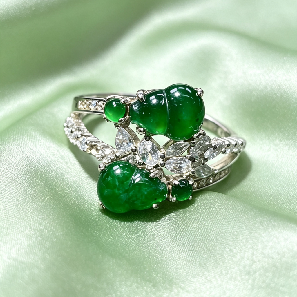 Natural Green Jade Gourd Diamond Inlaid Adjustable S925 Ring