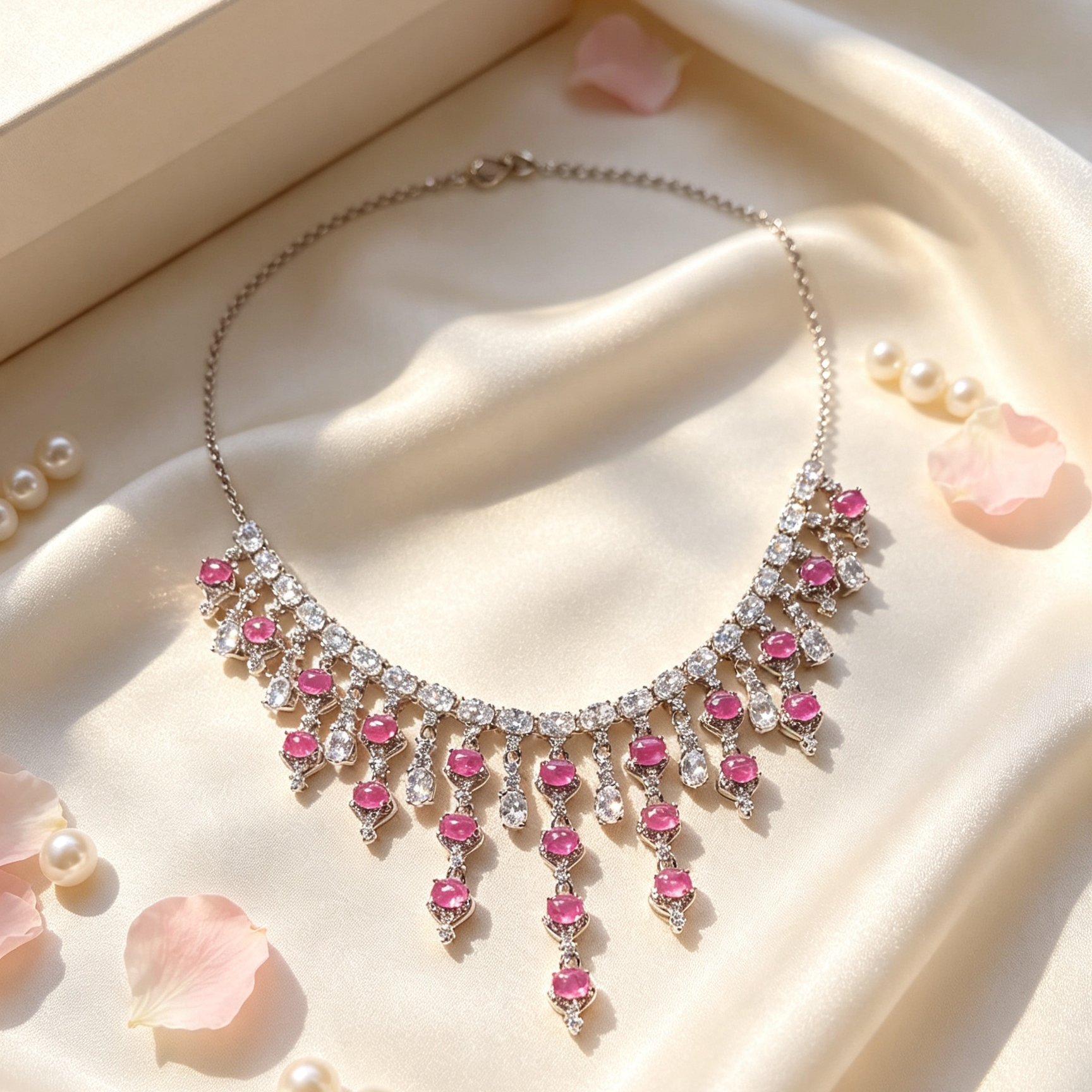 Vintage Pink Ruby Fringe Statement Necklace, Evening Party Jewelry