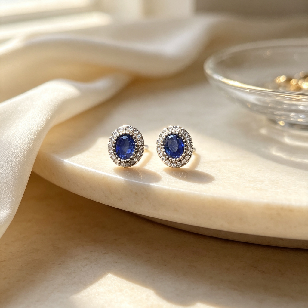 Natural Sapphire Halo Stud Earrings, Oval Gemstone Silver Ear Jewelry