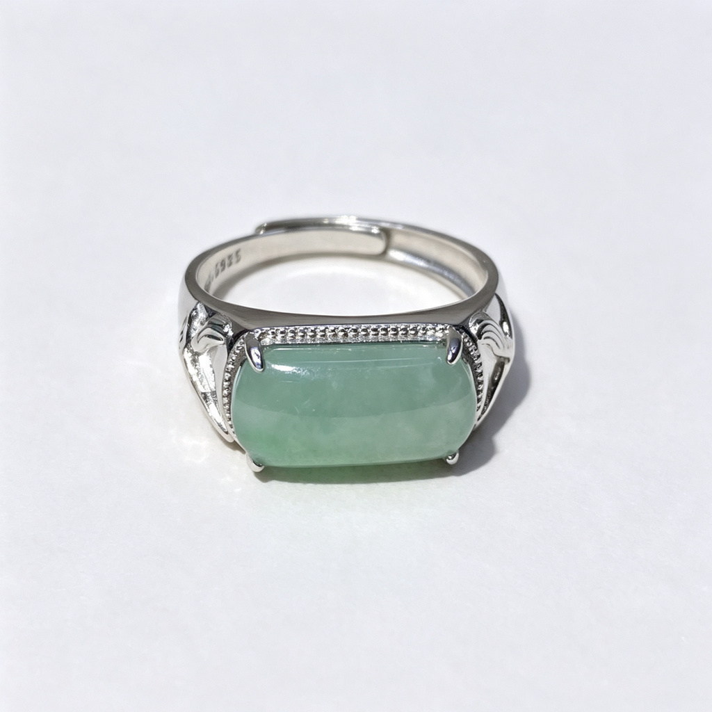 Natural Jadeite Saddle Silver Adjustable Ring