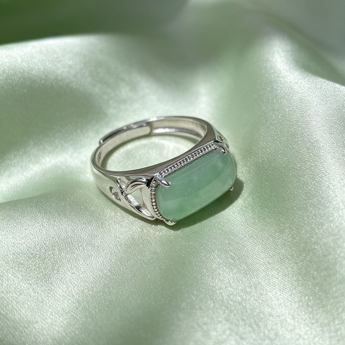 Natural Jadeite Saddle Silver Adjustable Ring
