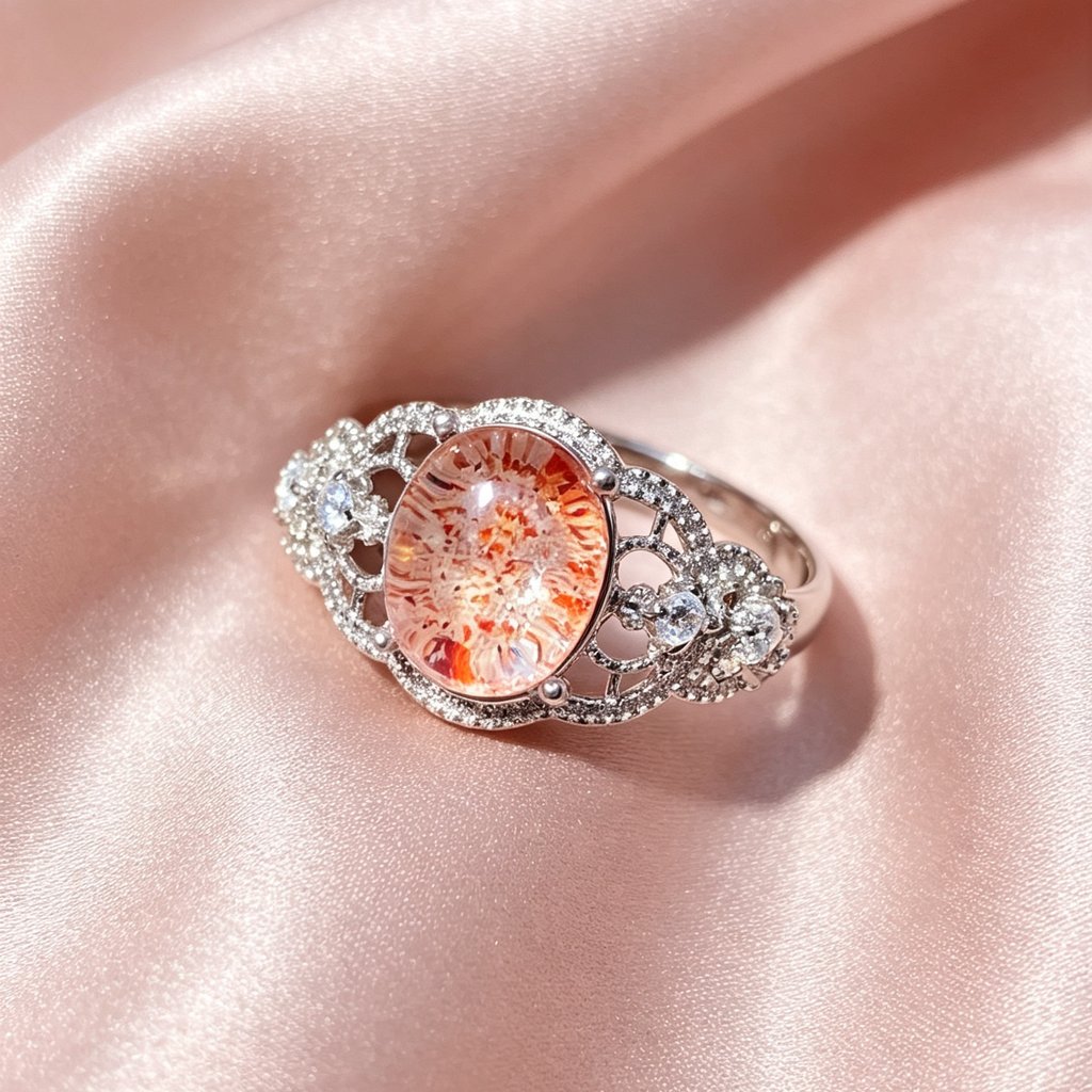 Natural Golden Strawberry Quartz Oval Hollow S925 Adjustable Ring