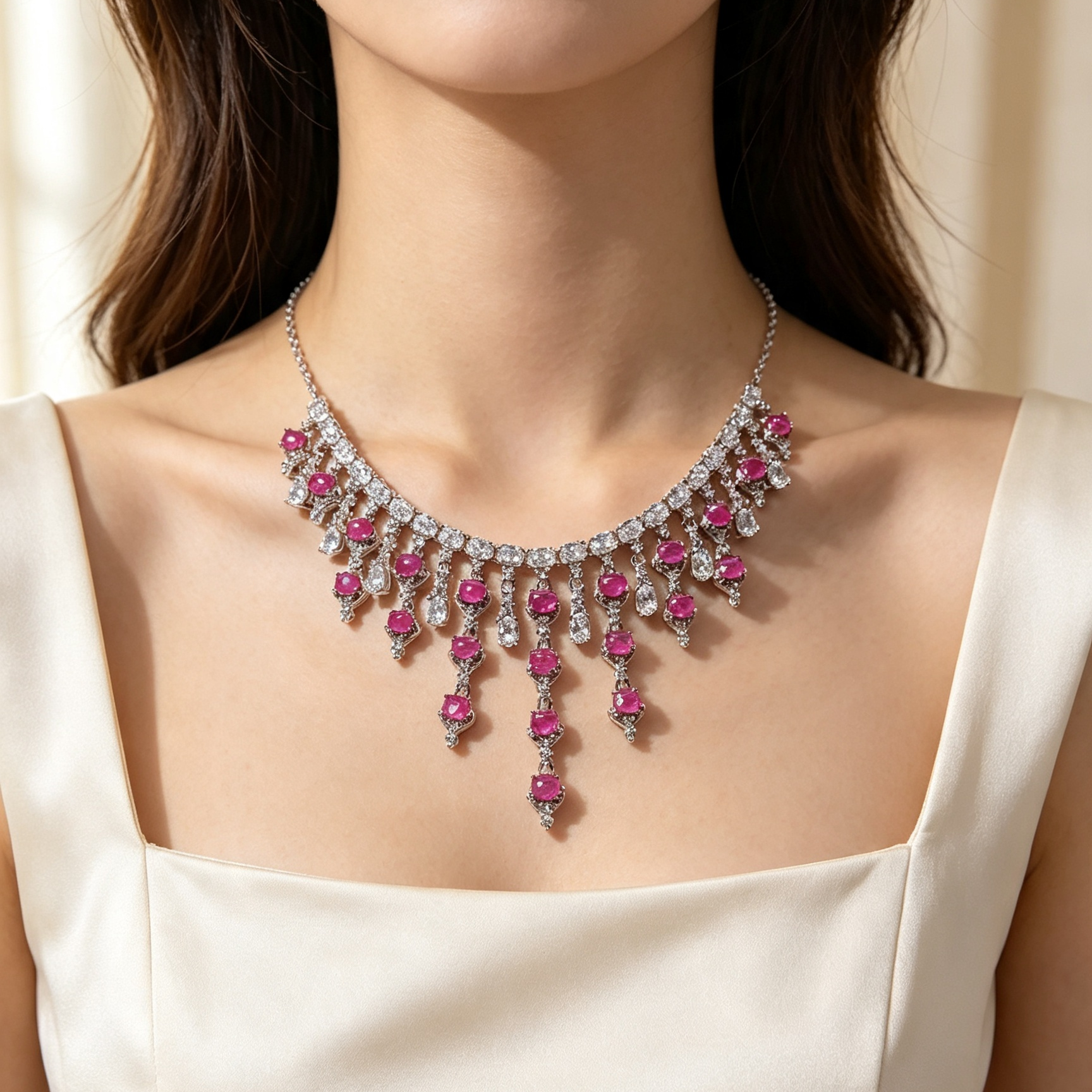 Vintage Pink Ruby Fringe Statement Necklace, Evening Party Jewelry