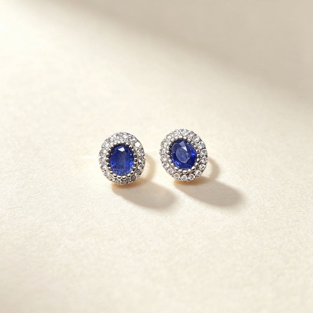 Natural Sapphire Halo Stud Earrings, Oval Gemstone Silver Ear Jewelry