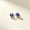 Natural Sapphire Halo Stud Earrings, Oval Gemstone Silver Ear Jewelry